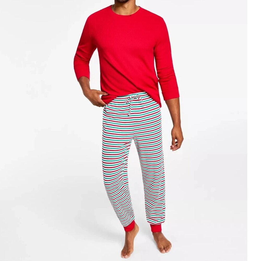 Family Pajamas Men's 2-Piece Waffle Knit PJ Set, Red Candy Cane Holiday Stripe